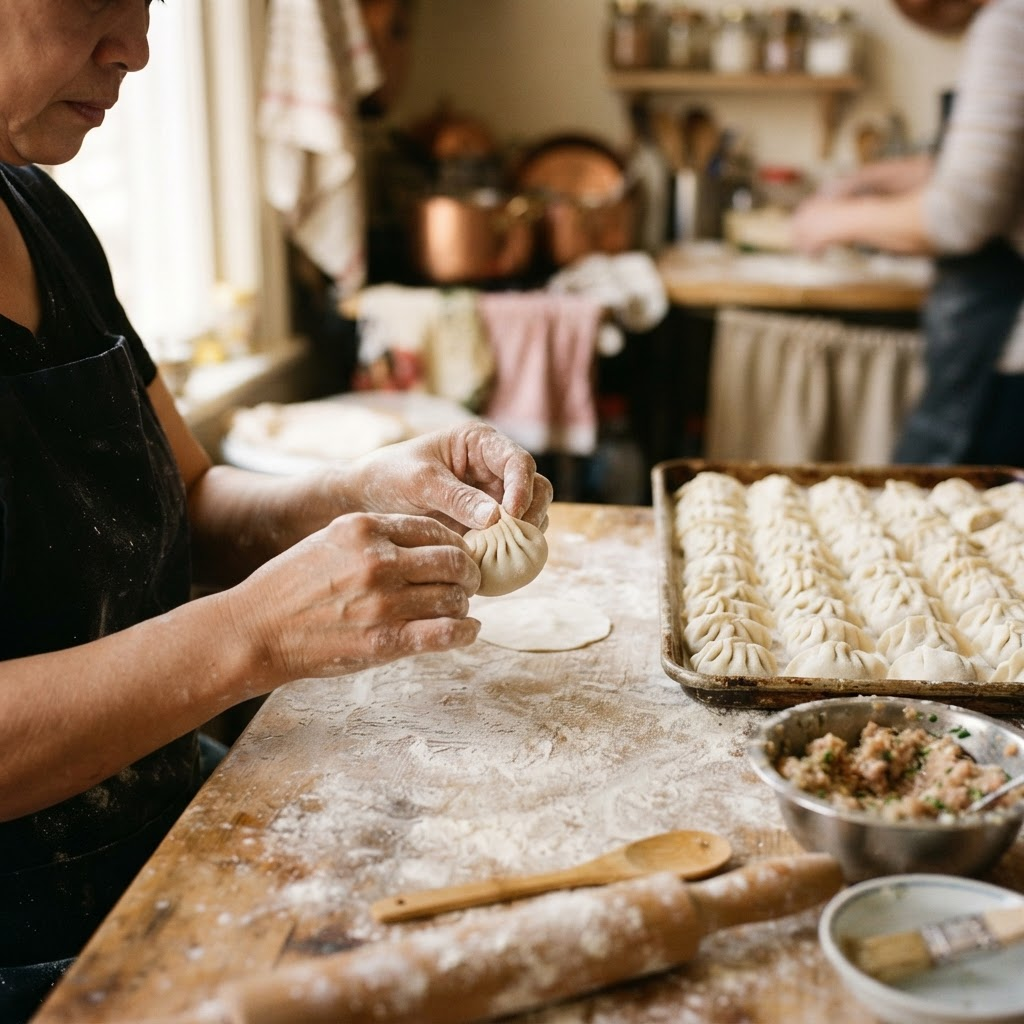 Flour-dusted hands pleating a dumpling wrapper on a wooden board next to a tray of finished dumplings