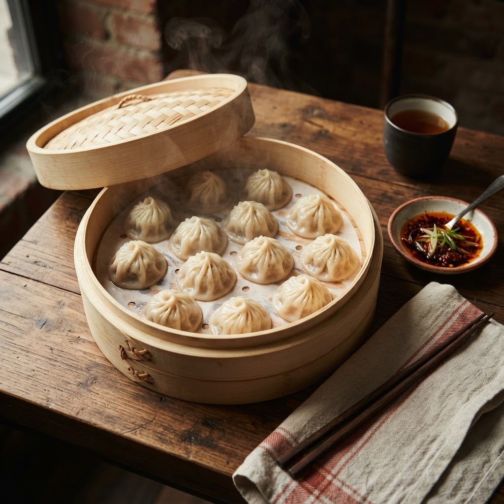 A bamboo steamer of freshly steamed pleated pork dumplings with chili oil and black vinegar on a wooden table