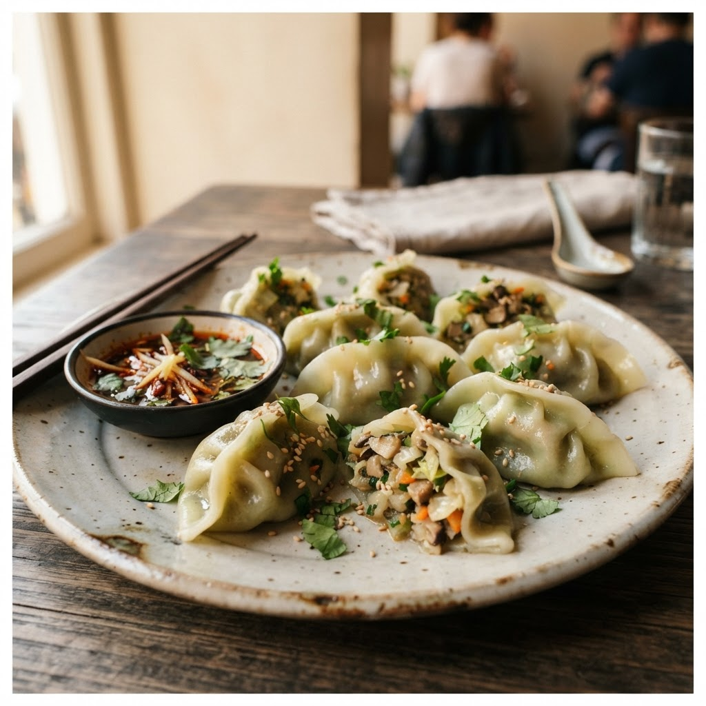 Steamed vegetable dumplings on a ceramic plate with dipping sauce